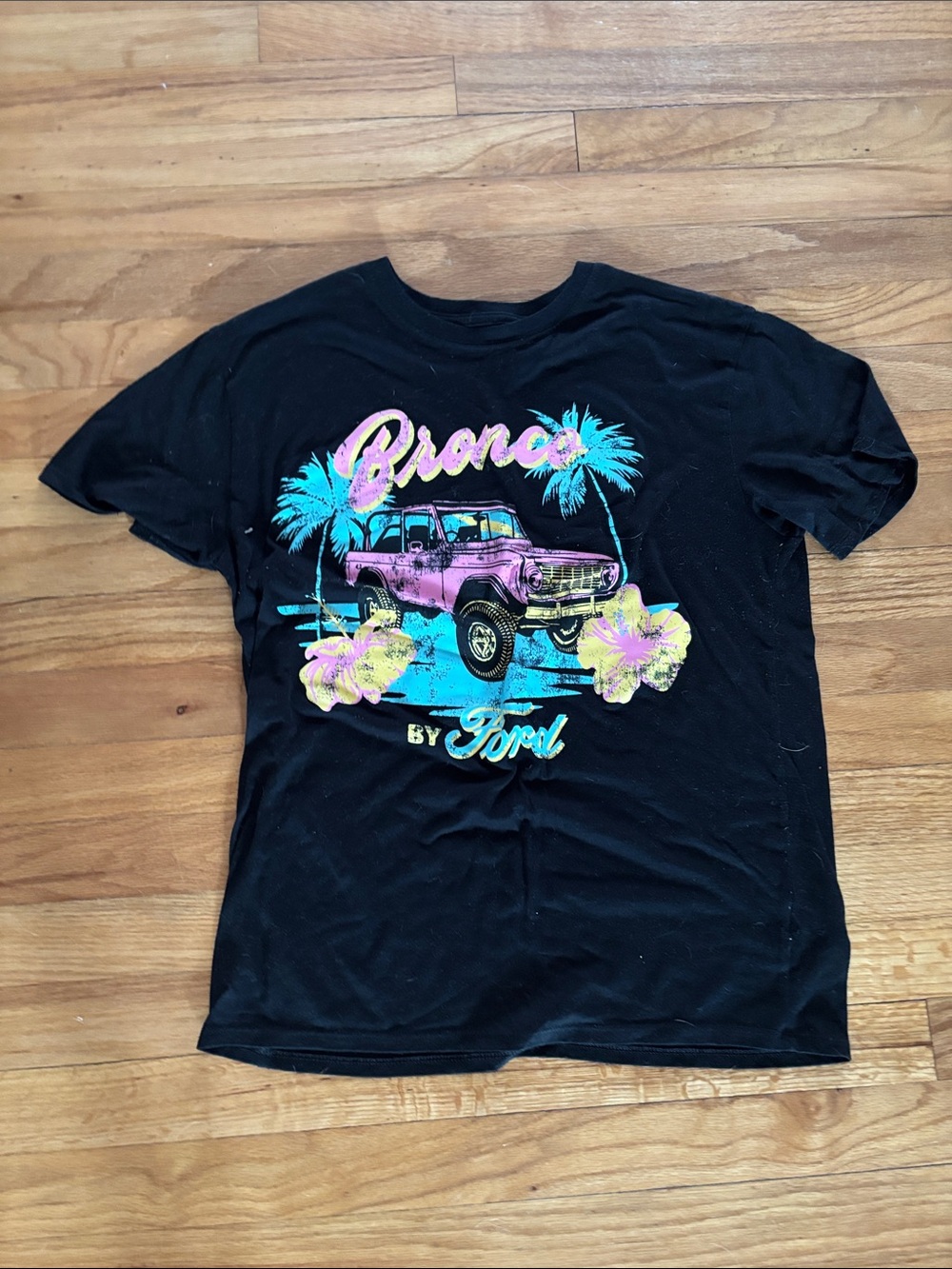 Ford Kids Black Tee with Pink Bronco and Neon Tropical Graphic